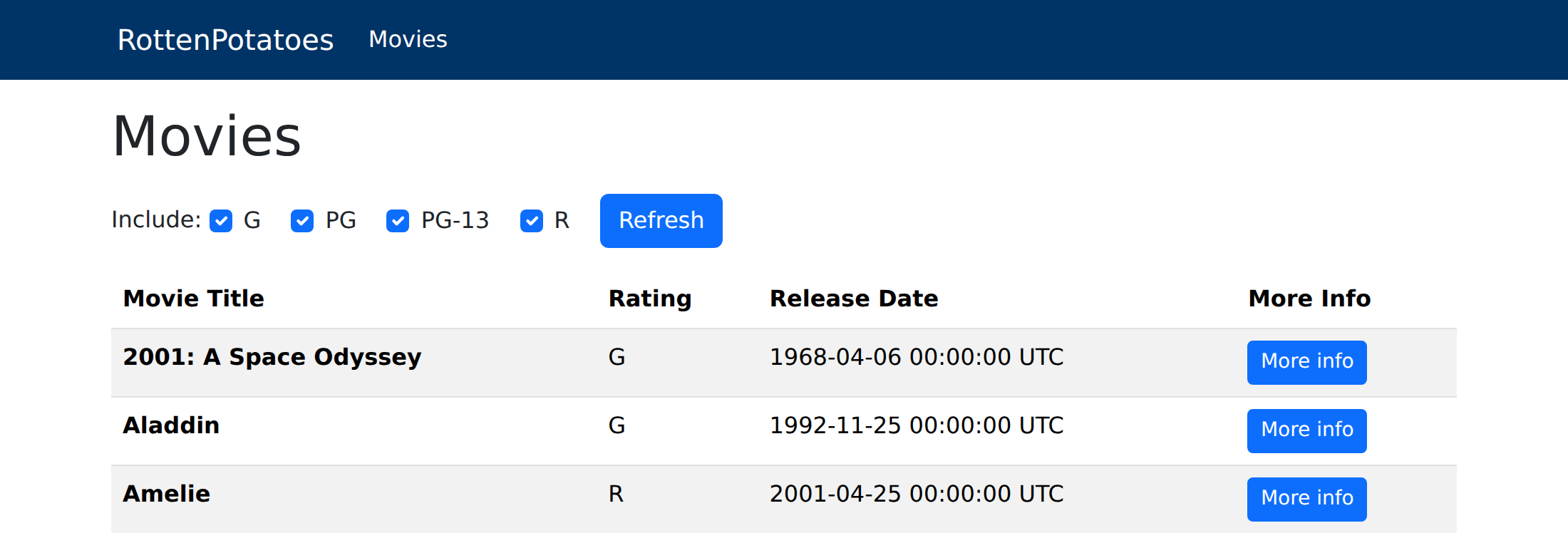Screenshot. The filter should be included somewhere below the page heading. It should have a checkbox for each rating, followed by a "Refresh" button.